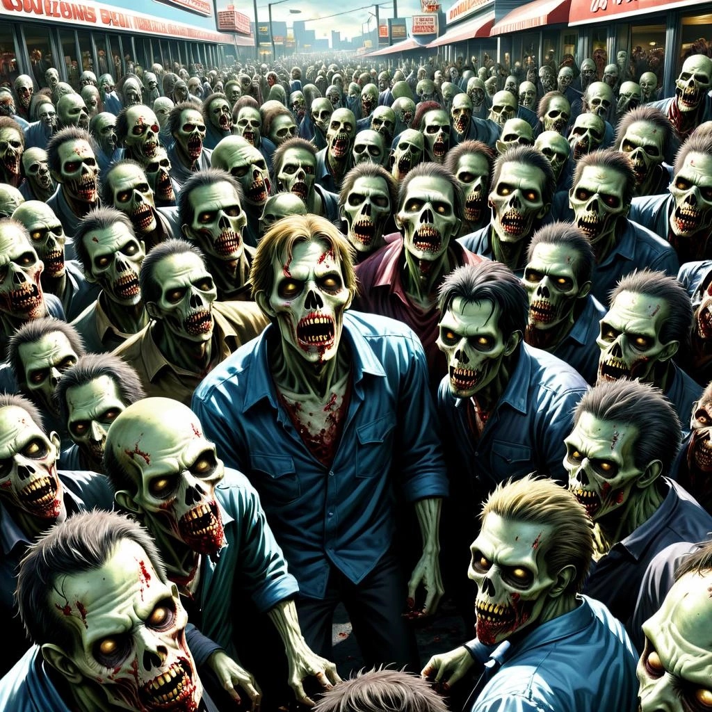 Hyperrealistic art <lora:FF-Style-MidJ-ALLin-Week3.LORA:0.8> <lora:FF-Style-Mid-HOT-Week3.LORA:0.3> zombies in a crowd of zombies, horde of zombies, zombie horde, zombie everywhere, zombies, zombie ghouls, zombie's, scary detailed art in color, 1990's diner full of zombies, zombies attack, detailed 4k horror artwork, undead. highly detailed, in the style dan mumford artwork, mark brooks detailed, sick, undead . Extremely high-resolution details, photographic, realism pushed to extreme, fine texture, incredibly lifelike