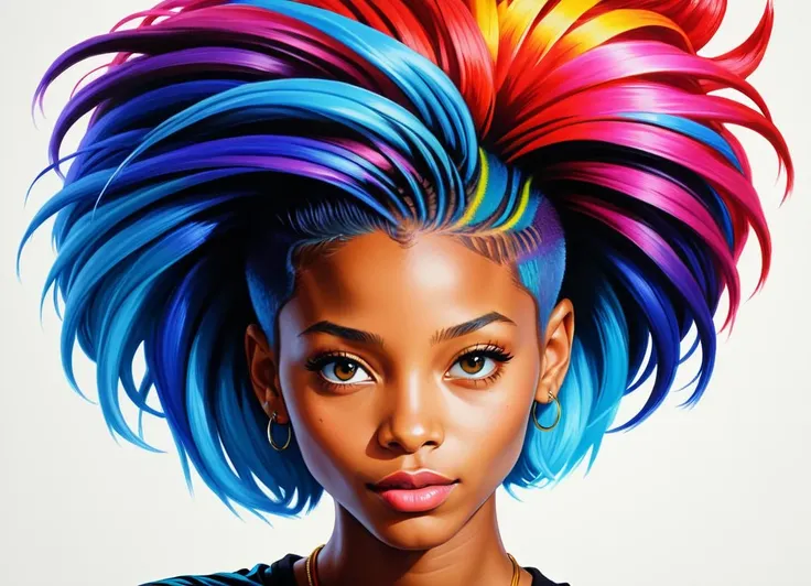 Advertising poster style <lora:FF-Style-MidJ-ALLin-Week3.LORA:0.6> <lora:FF-Style-Mid-HOT-Week3.LORA:0.4> a painting of a woman with colorful hair, portrait of willow smith, stunning artwork, portrait willow smith, stunning art, beautiful artwork, vibrant colors hyper realism, amazing art, vibrant fan art, gorgeous art, extremely high quality artwork, beautiful art, colorful hyperrealism, black art, painting by android jones, by Jason Benjamin, colorful art, vibrant cartoon art, vibrant glow . Professional, modern, product-focused, commercial, eye-catching, highly detailed