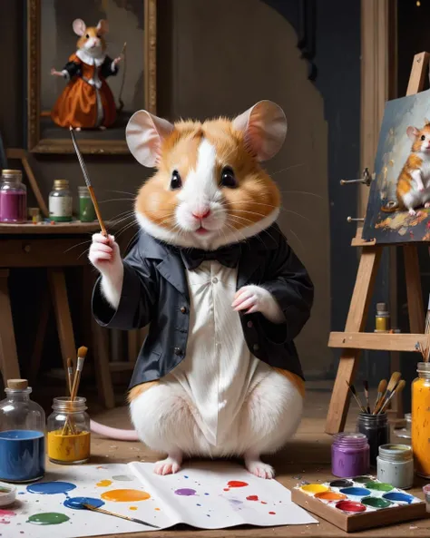 Typographic art <lora:FF-Style-Mid-HOT-Week3.LORA:1>,"a hamster is painting with paints, furry artist, a mouse in a gothic atelier, inspired by Gabriel Metsu, painting come to life, photo of a hamsters on a date, adorable digital painting, an epic painting of an artist, portrait of a rat mad scientist, oil painting of cat witch, 4k painting, fantasy matte paintingï¼cute, oill painting" . Stylized, intricate, detailed, artistic, text-based