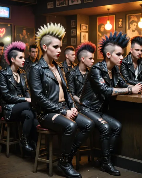 A diverse group of people in the 1980s New York City subway system takes a gritty urban selfie. They are adorned in punk rock attire, standing against graffiti-covered subway cars. Everyone smiling directly at the camera. The image is photorealistic, has natural lighting, and is taken with a front-facing selfie camera by one of the ladies
