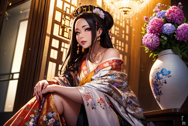 <lora:Oiran-13:0.6>, (Masterpiece, Best Quality:1.3), highres, Manga, cowboy shot, (ultra-detailed), highly detailed portrait of a beautiful queen, long hair, sitting, fetal_position, [upright], curvy, (1girl), ((lips)), (nose), ((long face)), mature female, blossom tree, seductive, elegant, stylish, sultry, sexy, grin, looking at viewer, (japanese clothes), laurel crown, (chiton:0.7), flowers, soft makeup, textured, patterned, cinematic, trending on artstation, dynamic posture, wide shot, dramatic lighting:1.1, (gradients), nature, (perfect face), outline, sharp focus, warmth, light particles, (depth of field), (intricate details:1.2), (extremely detailed background), east asian architecture