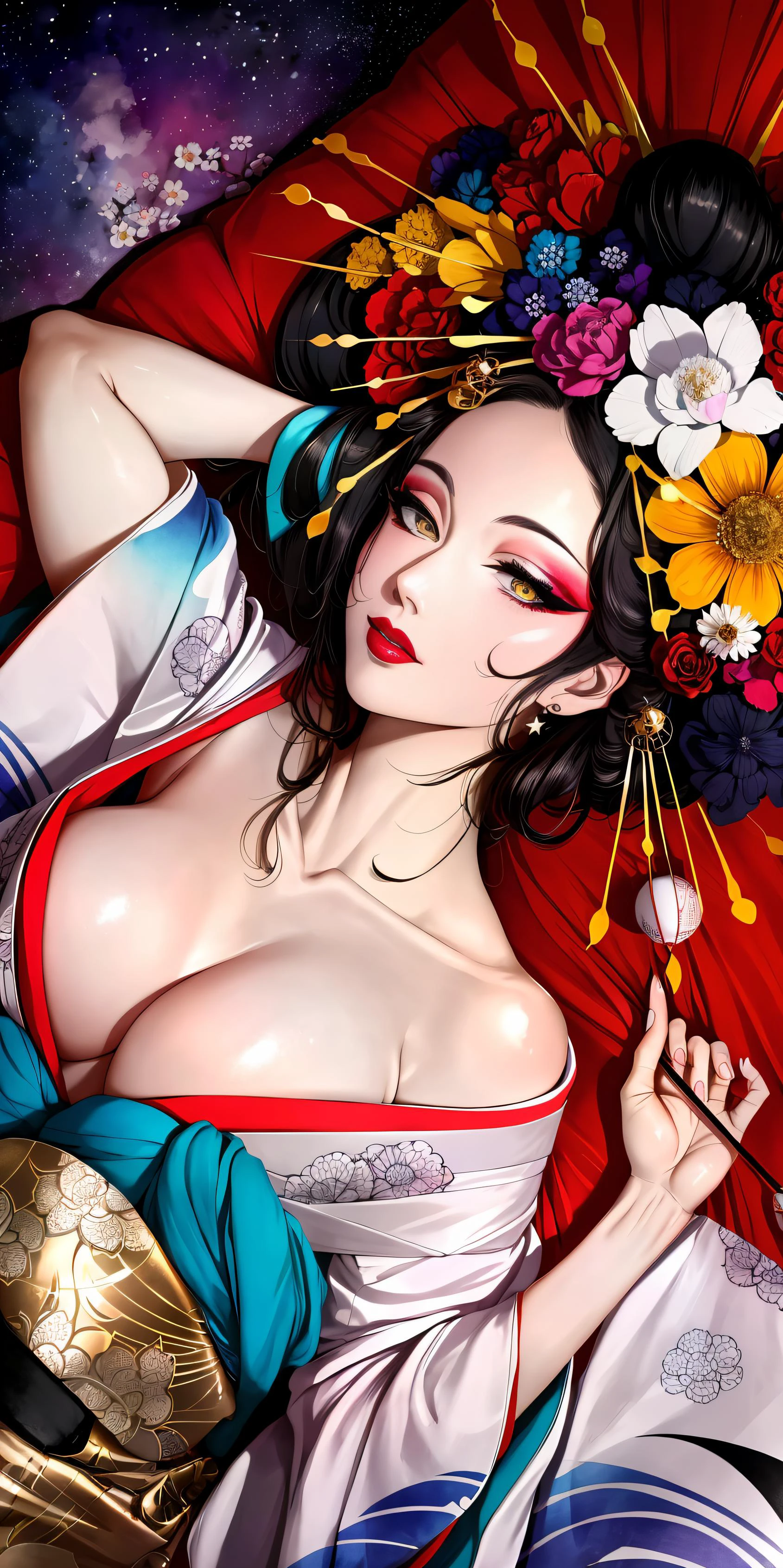 <lora:Oiran-13:0.7>, (Masterpiece, Best Quality:1.3), (thick lineart), (faux traditional media), highres, official art, best illustration, (8k resolution), oiran, 1girl, mature female, solo, japanese clothes, from above, breasts, obi, stylish, intricate, fantastic, fairytale, fantasy art, (detailed face), lying on a bed of flowers, on back, (lovely eyes, looking at viewer, lipstick), depth of field, silhouette, perfect, makeup, lovely, (details:1.2), camellia, various colors, vivid, colorful, shiny, sky, stars, lumen global illumination, (background in the style of Hokusai Katsushika:1.3), water, ripples