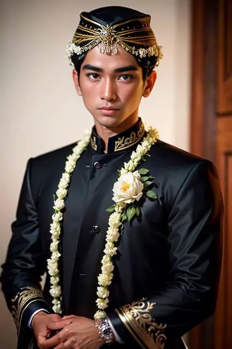 1boy, solo, photography, portrait of young adatjawapria man wedding black dress java, ornament, ornate, detail, realistic, blurry background <lora:ARWadatjawapria:1>