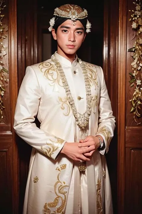 1man, solo, portrait of young adajawapria man wear blankon and black wedding dress, ornate, detail, photography, <lora:ARWadatjawapria:1>