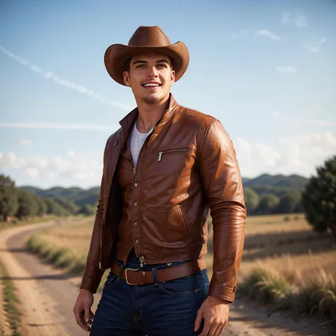 ((masterpiece)), ((best quality:1.2)), High Resolution, 8k, (ultra_realistic:1.3), (photorealistic:1.4), (instagram model, handsome:1.2), sharp focus, a photo of (mitchellslaggertkm), wearing cowboy outfit, rural, the countryside, the wild wild west, cowboy hat, smile, outdoors, daytime,  natural eyes, ((looking at viewer)), <lora:MitchellSlaggertKM:0.8>