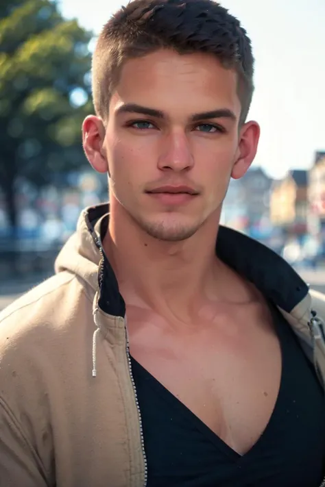((masterpiece)), ((best quality:1.2)), High Resolution, 8k, (ultra_realistic:1.3), (photorealistic:1.4), (instagram model, handsome:1.2), sharp focus, a close up shot of (mitchellslaggertkm), model pose, wearing hoodie jacket, outside in the park, daytime, ((looking at viewer)), <lora:MitchellSlaggertKM:0.8>