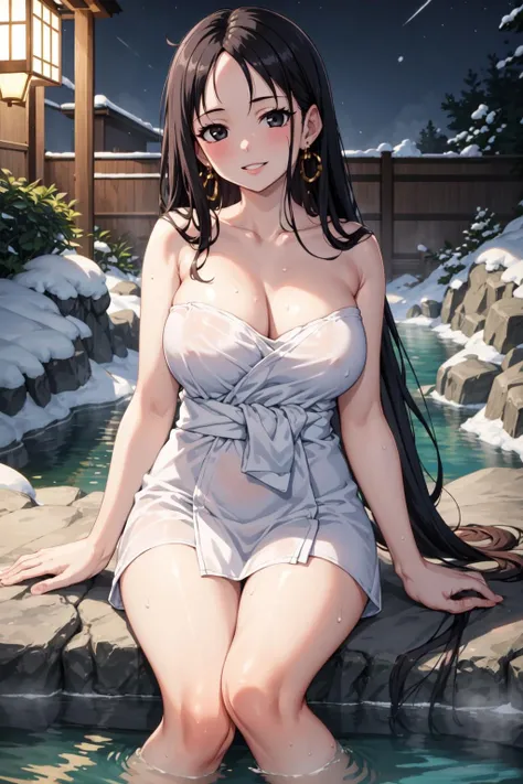 (Masterpiece), high quality, best quality, boa hancock, one piece, black hair, black eyes, <lora:Boa Hancock-V1:0.7>, solo, long hair, looking at viewer, smile, large breasts, cleavage, bare shoulders, sitting, collarbone, thighs, earrings, 1girl, outdoors, parted lips, sky, water, night, arm support, towel, night sky, snow, (forehead), rock, onsen, naked towel, soaking feet
