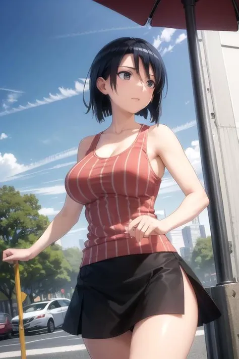 (extremely detailed CG unity 8k wallpaper), (masterpiece), (best quality), (ultra-detailed), (best illustration), (best shadow), (absurdres), 1girl, solo, <lora:kanako-10:0.8>, kanako miyamae, large breasts, (red tank top, striped tank top, vertical stripes:1.2), blue skirt, walking, foreshortening, outdoors, detailed background