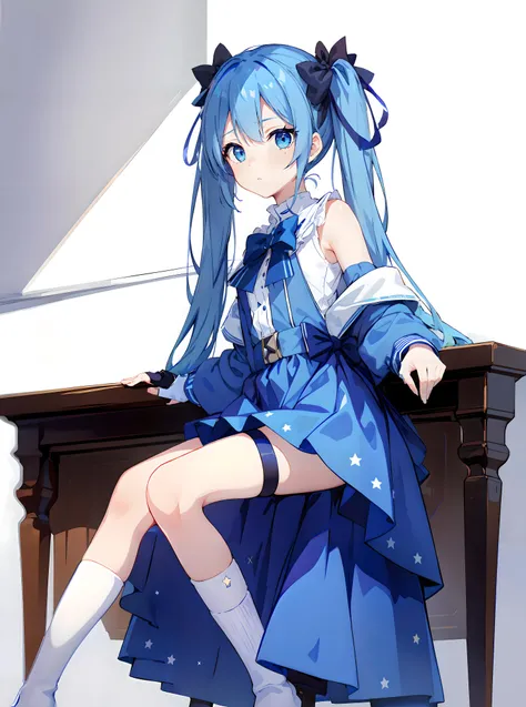 masterpiece,best quality,above the thighs,1girl,twintails,yuki miku,fingerless gloves,blue eyes,blue hair,(blue dress:1.1),ribbon,star \(symbol\),sitting,on stool,(white wall:1.4),
<lora:ran:0.3>,<lora:snow miku_20230705104032:0.75>,<lora:yhmotorbikev0.9-000001:1>,(full_shot:1.3),(feet inside the frame:1.3),Complete feet,