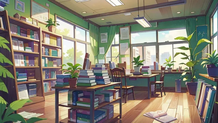 vnschoollibrary books racks, in the morning, windows, potted plant,  group of student, wooden floor, anime style,  <lora:ARWvnschoollibrary:1>