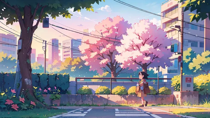 photography, animecity university building, cable, pedestrian, tree, flower, at dawn, pastel color, <lora:ARWAnimeCity:1>