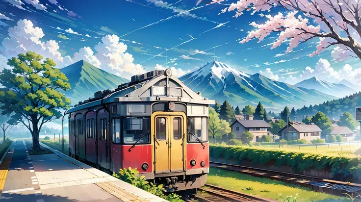 landscape, vntrainstation station, train, sakura tree, bokeh, anime style, mountain, cloudy, blue sky, <lora:ARWvntrainstation:1>
