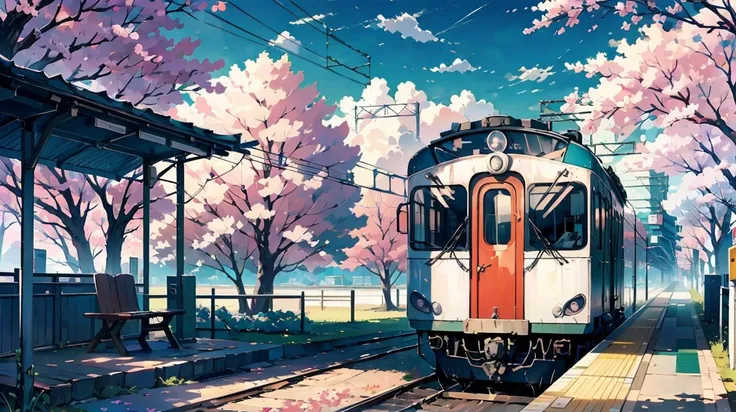 landscape, vntrainstation station, train, sakura tree, bokeh, anime style, beach, cloudy, blue sky, <lora:ARWvntrainstation:1>