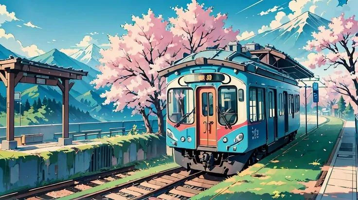 landscape, vntrainstation station, train, vending machine, sakura tree, bokeh, anime style, mountain, cloudy, blue sky, <lora:ARWvntrainstation:1>