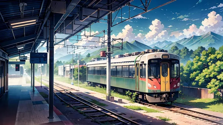 landscape, vntrainstation station, train, sakura tree, bokeh, anime style, mountain, cloudy, blue sky, <lora:ARWvntrainstation:1>