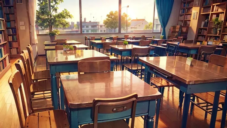 vnschoollibrary books racks, in the morning, windows, potted plant, group of student, wooden floor, anime style, <lora:ARWvnschoollibrary:1>