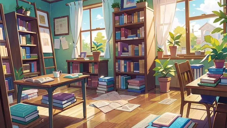 vnschoollibrary books racks, in the morning, windows, potted plant, group of student, wooden floor, anime style, <lora:ARWvnschoollibrary:1>