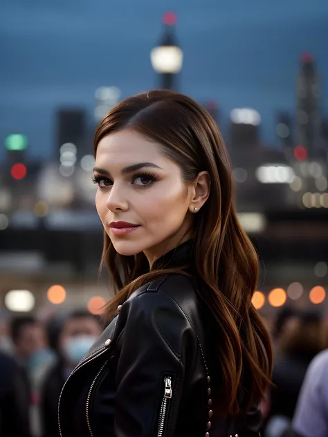 close-up photo of ( Ch3rylC0l3_V1-Emb woman , (brown hair)++ , ), (city, at night, crowd in the background)++, 8k uhd, high quality, dramatic, bokeh