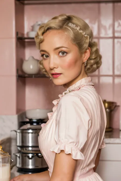 am up close photo of pok wearing a milk maid dress, (light pink milk maid dress), (upright pin curl hairstyle), (blonde hair), (kitchen background), elegant, highly detailed. vibrant, photorealistic, realistic, sharp focus, 8k,<lora:PomKlementieff-RealVision-V1.0:1>