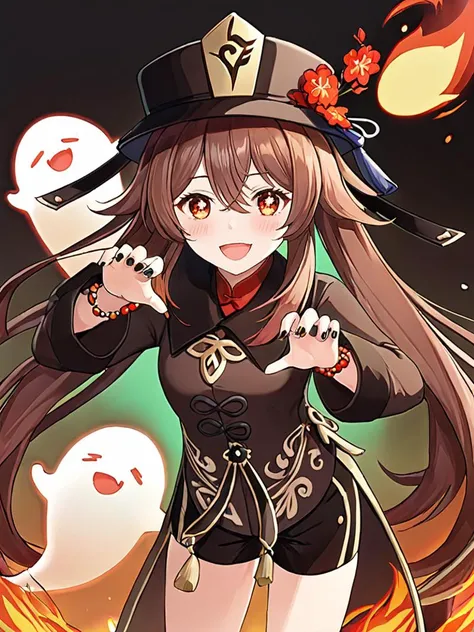 ultra-detailed,(best quality),((masterpiece)),(highres),original,extremely detailed 8K wallpaper,(an extremely delicate and beautiful),anime BREAK hutao,1girl,hu tao (genshin impact),boo tao (genshin impact),brown hair,red eyes,symbol-shaped pupils,looking at viewer,hat,shorts,jewelry,ghost,beads,bead bracelet,black nails,long sleeves,long hair,flower,open mouth,smile,twintails,solo,hat flower,fang,black shorts,blush,bracelet,nail polish,ghost pose,butterfly,hair between eyes,bug,bangs,black headwear,short shorts,skin fang,chinese clothes,:d,claw pose,very long hair,ring,cowboy shot,fire,shirt BREAK <lora:hutao_xl-v5:0.7>,white background,full_shot,