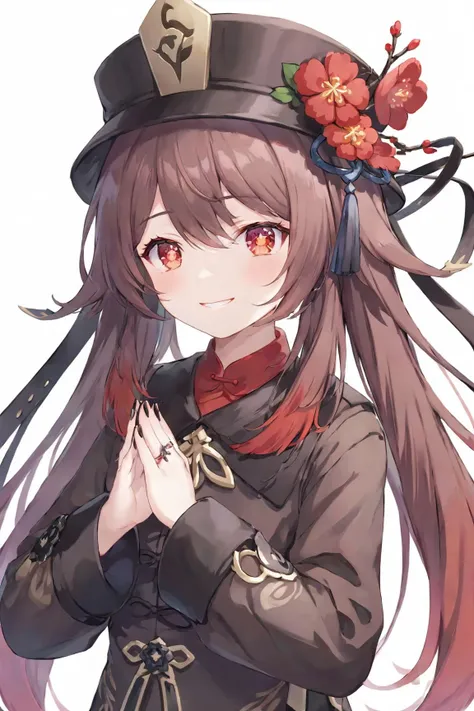 ultra-detailed,(best quality),((masterpiece)),(highres),original,extremely detailed 8K wallpaper,(an extremely delicate and beautiful),anime,
BREAK
hutao, 1girl, hu tao (genshin impact), solo, brown hair, red eyes, hat, flower, jewelry, looking at viewer, long sleeves, symbol-shaped pupils, long hair, twintails, smile, ring, hat flower, black headwear, black nails, upper body, white background, simple background, shirt, bug, red shirt, bangs, butterfly, blush, bracelet, hair between eyes, plum blossoms, multicolored hair, flower-shaped pupils, closed mouth, red flower, nail polish, chinese clothes, gradient hair, hand up, holding
BREAK
<lora:hutao_xl-v5:0.7>,