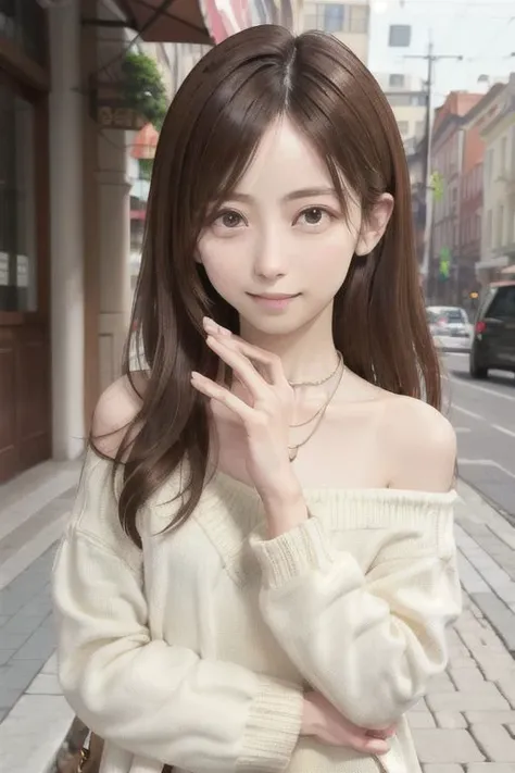 Nsfw, off shoulder, Low-cut, Street Fashions, Straight hair, fair makeupdifferent poses, small breasts , Medium length hair, light brown hair , best quality, realistic, masterpiece, extremely detailed face, 8k wallpaper, detailed nose, detailed eyes , dedicated eyes, smile, double eyelids, full body, whole body, side parting hair, symmetrical eyes, detailed iris, thin eyebrows, long eyelashes long legs, silky hair, perfect white teeth, watery eyes, dedicated fingers, small headnecklace, perfect fingers, smaller eyes, small mouth