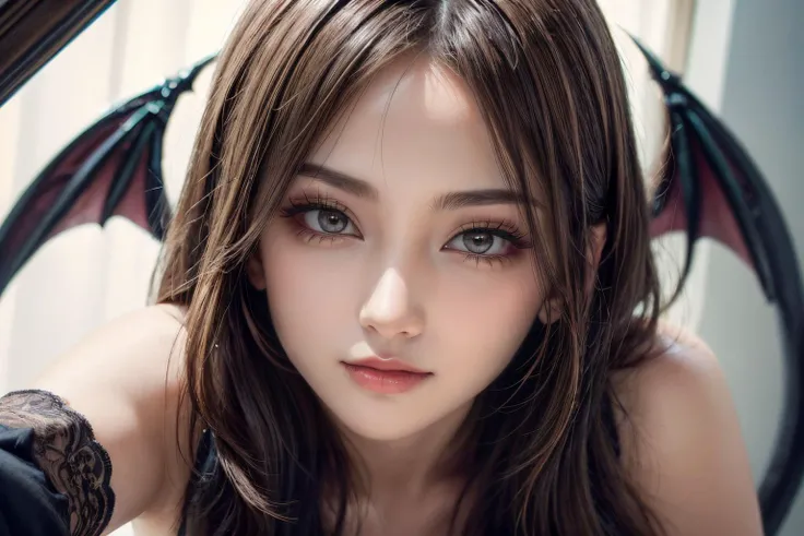 Best quality, masterpiece, ultra high res, (photorealistic:1.4), (((highly intricate details)), beautiful lighting, 1girl, shiny skin:1, <lora:add_detail:1.2>, (((depth of field))), pov, large breasts, demon wings,
romantic, seductive smile, (blush:1.2), pale and lustrous skin, (film grain:0.9),(analog film, photography:0.7),chromatic aberration,
face, selfie, face close up, upper body, ootd, instagram, (makeup:0.3), smile, Masterpiece, best quality, lovely expression, best shadow,
dark blonde hair,
feet out of frame, mole, rembrandt lighting,
BREAK
vivid,detailed, realistic, beautiful, stunning lighting, stunning reflections, ,