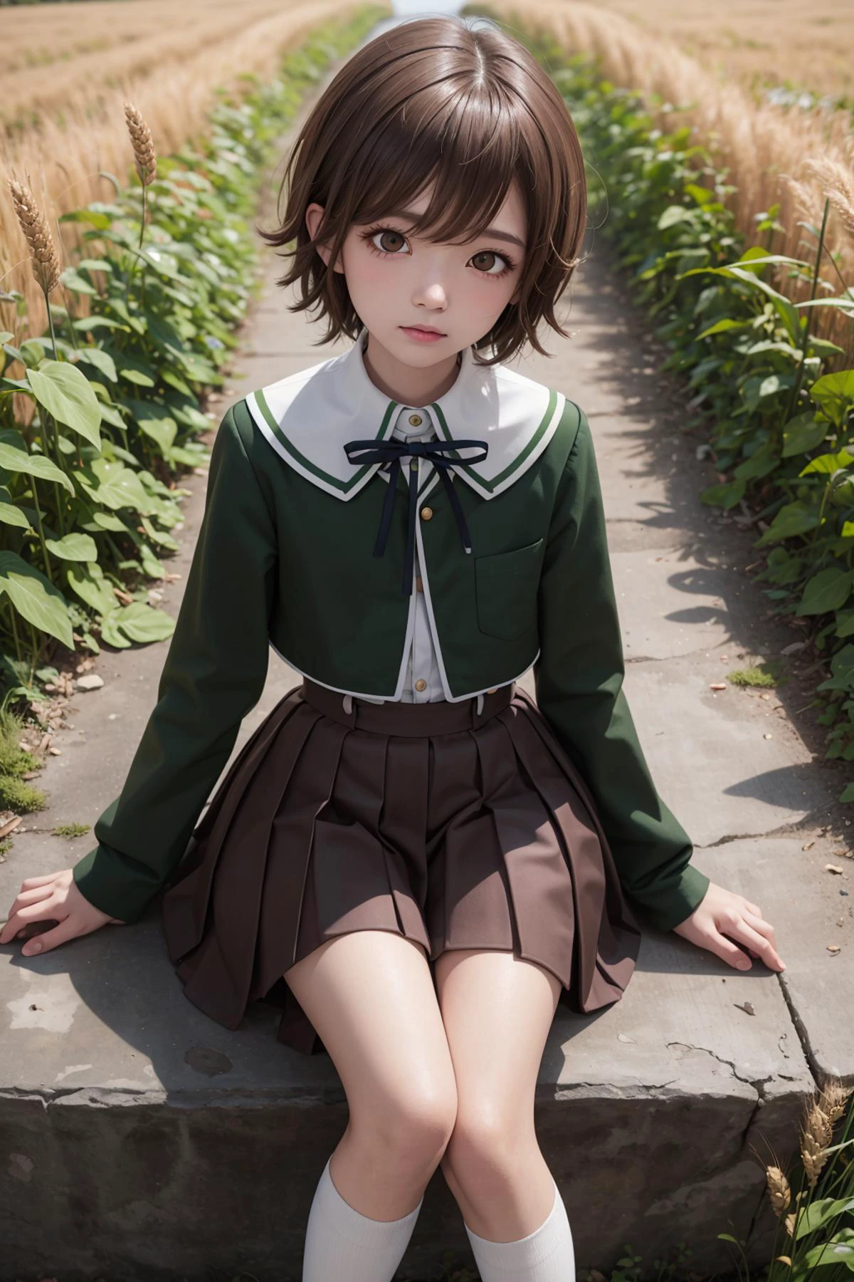 masterpiece, best quality, highly detailed, illustration, absurdres, 1girl, , <lora:chihiro-nvwls-v1:1>, fujisaki chihiro, otoko no ko, hair between eyes, detailed eyes, petite, flat chest, thin thighs, green jacket, brown skirt, , , sitting on staircase, looking at viewer, , , field of wheat,