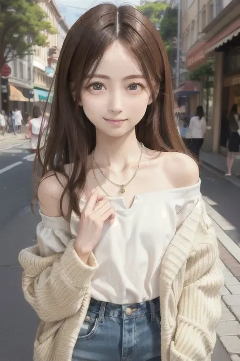 Nsfw, off shoulder, Low-cut, Street Fashions, Straight hair, fair makeupdifferent poses, small breasts , Medium length hair, light brown hair , best quality, realistic, masterpiece, extremely detailed face, 8k wallpaper, detailed nose, detailed eyes , dedicated eyes, smile, double eyelids, full body, whole body, side parting hair, symmetrical eyes, detailed iris, thin eyebrows, long eyelashes long legs, silky hair, perfect white teeth, watery eyes, dedicated fingers, small headnecklace, perfect fingers, smaller eyes, small mouth