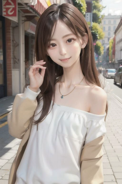 Nsfw, off shoulder, Low-cut, Street Fashions, Straight hair, fair makeupdifferent poses, small breasts , Medium length hair, light brown hair , best quality, realistic, masterpiece, extremely detailed face, 8k wallpaper, detailed nose, detailed eyes , dedicated eyes, smile, double eyelids, full body, whole body, side parting hair, symmetrical eyes, detailed iris, thin eyebrows, long eyelashes long legs, silky hair, perfect white teeth, watery eyes, dedicated fingers, small headnecklace, perfect fingers, smaller eyes, small mouth