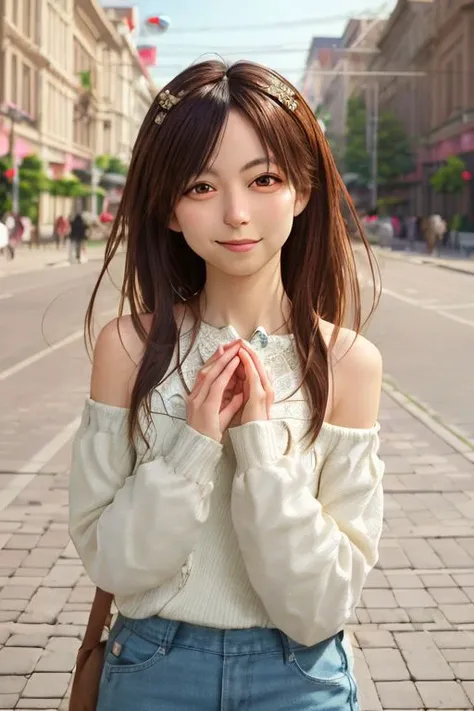 Nsfw, off shoulder, Low-cut, Street Fashions, Straight hair, fair makeupdifferent poses, small breasts , Medium length hair, light brown hair , best quality, photorealistic, masterpiece, extremely detailed face, 8k wallpaper, detailed nose, detailed eyes , dedicated eyes, smile, double eyelids, full body, whole body, side parting hair, symmetrical eyes, detailed iris, thin eyebrows, long eyelashes long legs, silky hair, perfect white teeth, watery eyes, dedicated fingers, small headnecklace, perfect fingers, smaller eyes, small mouth,
Best quality, masterpiece, ultra high res, (photorealistic:1.4), (((highly intricate details)), beautiful lighting, 1girl, shiny skin:1, <lora:add_detail:1.2>, (((depth of field))), Pov, 
romantic, seductive smile
