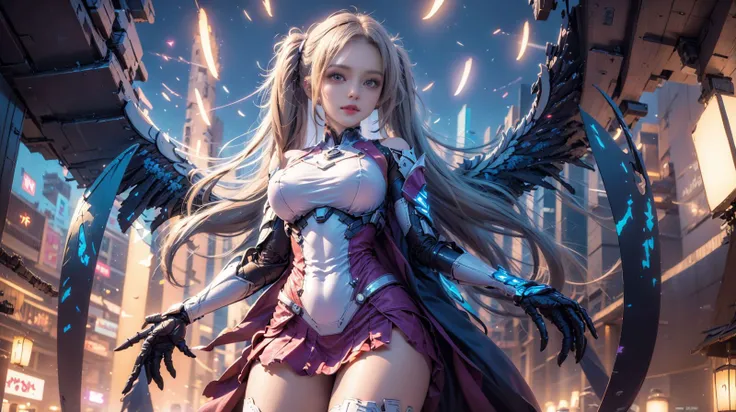 1girl, blue twintail,(Heroic and heroic girl:1.4), sky, wing, wings with fans, graphics card fan, strong woman mecha warrior, mighty and domineering, cool mecha,32k, yellow color scheme, pink armor, purple miniskirt, white_background, sitting, from below, uncensored, bottomless, cowboy shot, (fractal:1.3), <lora:chicvibe_v100:0.4>, <lora:Asuna-10:0.65>, <lora:AGirl_v1:1>,
