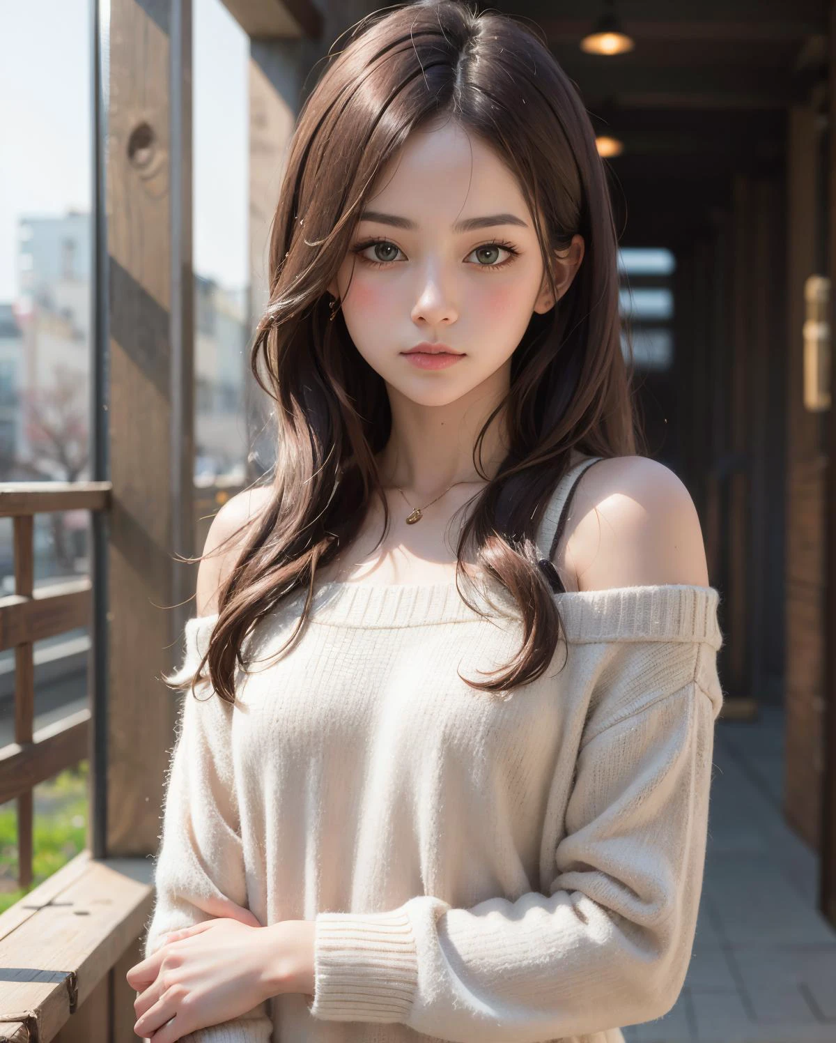 best quality, masterpiece, portrait, a photography of a beautiful girl, detailed face, naughty, (blush:1.2), from front, <lora:pureInnocentGirl_v10(Pure_Innocent_girl):0.5:CHARA>, Pure_Innocent_girl, , (upper body,cowboy shot), pov, (((depth of field))), pale and lustrous skin, (flat chest), neon glow, random background, vivid,detailed, realistic, beautiful, stunning lighting, stunning reflections, , Emma,
Off-the-shoulder sweater dress