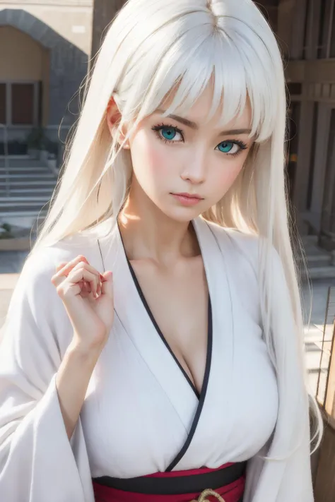 best quality, realistic, masterpiece, portrait, a photography of a beautiful girl, detailed face, <lora:pureInnocentGirl_v10(Pure_Innocent_girl):0.2>, Pure_Innocent_girl,
1girl, jumping, from_above, bangs, blue_eyes, white hair, long hair, very long hair, large breasts,cleavage, green background, hands up, snowflakes, white_japanese_clothes, palms, white_kimono, <lora:style_HAPPOBIJIN:1.2>