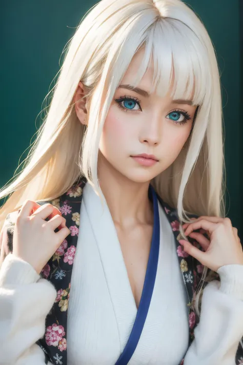 best quality, realistic, masterpiece, portrait, a photography of a beautiful girl, detailed face, <lora:pureInnocentGirl_v10(Pure_Innocent_girl):0.2>, Pure_Innocent_girl,
1girl, jumping, from_above, bangs, blue_eyes, white hair, long hair, very long hair, large breasts,cleavage, green background, hands up, snowflakes, white_japanese_clothes, palms, white_kimono, <lora:style_HAPPOBIJIN:1.2>