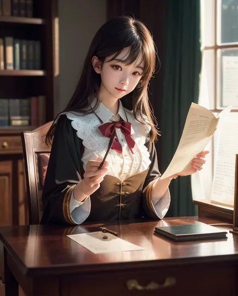 best quality, ultra hi res, photoreaslistic, a photography of a beautiful girl,  detailed face, undressing, (detailed Peplum blouse with lace insets and ruffle details with a lot of frills and ribbons), Library, (face close up), seductive look, looking at another, random background, John,  (ultra_detailed, UHD:1.2), (pixiv:1.3), perfect illumination, distinct, (bishoujo:1.2), 
 pureerosface_v1, (face closeup|((torso))}),  pov, (((depth of field))), pale and lustrous skin, (large breasts), neon glow, random background,  vivid,detailed, realistic, beautiful, stunning lighting, stunning reflections, ,  portrait, solo, half shot, looking at viewer, detailed background, detailed face, intricate details, (hogwarts theme:1.1) novice sitting at desk, scholar robes, writing, smiling,  surrounded by  papers,  notes,  glowing magical symbols, magic texts,  abacus,  cryptic device, formulas, magic aura, floating magical symbols, magic emerging from text, (style-swirlmagic:1.0),  knowledge,  discovery,  archive in background, magical light, magical fantasy atmosphere,,