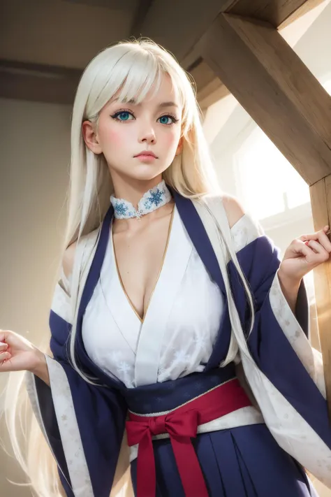 best quality, realistic, masterpiece, portrait, a photography of a beautiful girl, detailed face, <lora:pureInnocentGirl_v10(Pure_Innocent_girl):0.2>, Pure_Innocent_girl,
1girl, jumping, from_above, bangs, blue_eyes, white hair, long hair, very long hair, large breasts,cleavage, green background, hands up, snowflakes, white_japanese_clothes, palms, white_kimono, <lora:style_HAPPOBIJIN:1.2>