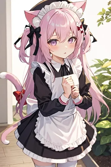 QuAn avatar style, pale pink hair, long hair, tousled hair, black outfit, maid apron, medium breasts, (((shows panties, lifts up dress))), (((maid outfit))), orange eyes, (((blush))), navel, (((black bow))), embarrassed, lace panties, white panties, white stockings, gradient background, red background, delicate skin, soft style, gentle style, soft skin