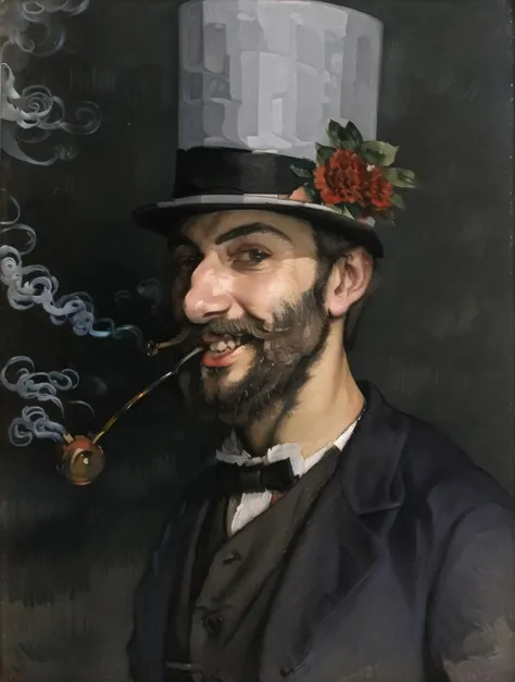 <lora:Cloisonnism:1>, Cloisonnism, solo, looking at viewer, smile, 1boy, hat, upper body, male focus, facial hair, beard, smoke, top hat, mustache, smoking, smoking pipe