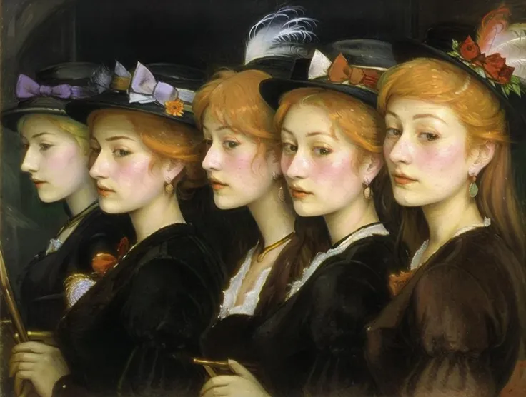 <lora:Cloisonnism:1>, Cloisonnism, 1girl, multiple girls, blonde hair, hat, bow, 2girls, earrings, orange hair, feathers, hand fan, freckles, folding fan