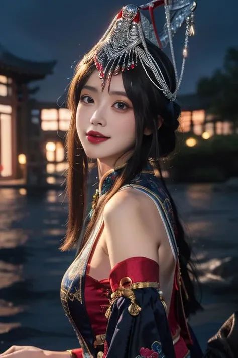 ltra-detailed,highly detailed,best quality,masterpiece,illustration,realistic,
guqinghan,fhz, 1girl, solo, upper body, medium breasts,
hat,hair ornament,hat tassel, chinese clothes, traditional clothes, bare shoulders,dress, detached sleeves, jewelry, print clothes,
long hair, bangs,light smile,
photo background, photo inset, blurry background, reference inset, outdoors,building, east asian architecture, night, star \(sky\),
<lora:guqinghan fhz_v3_06:0.7>