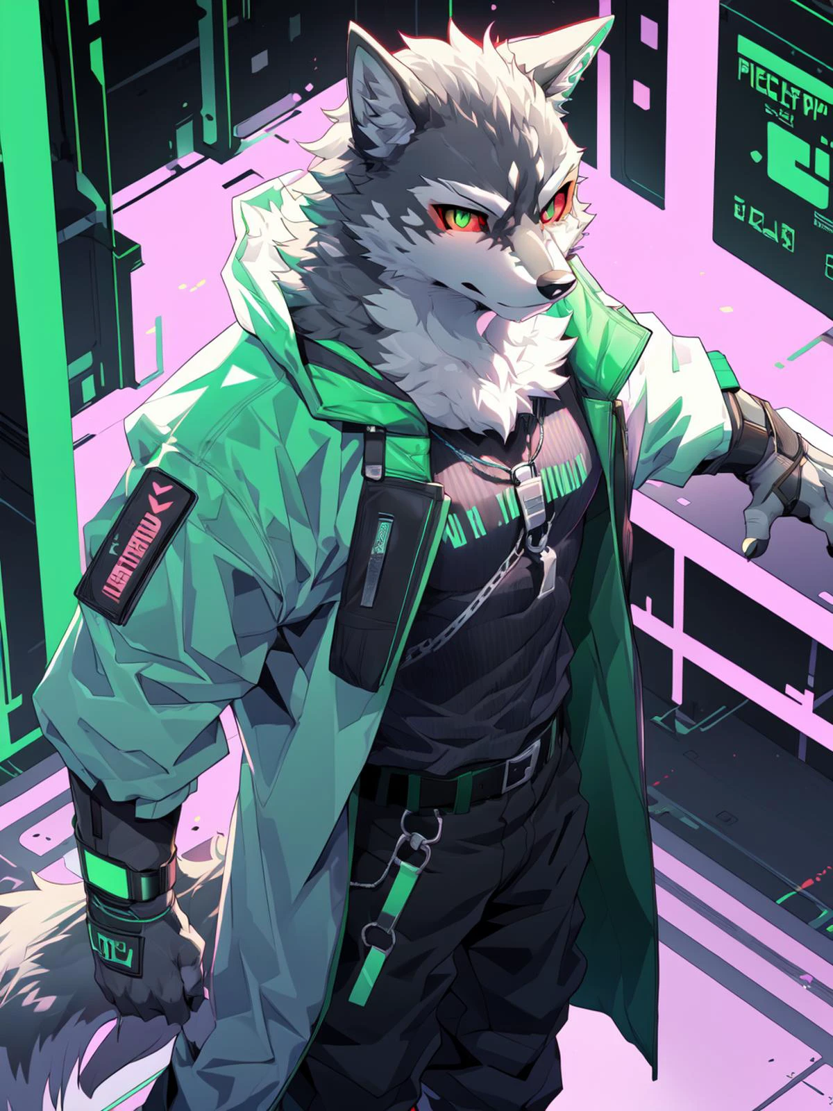 monomasa, masterpiece, game poster, anime, 2d, illustration, digital media,
musuclar male, solo, wolf,
cyberpunk, white coat, black pants, belt,
glitch, bright eyes, detailed eyes,
green theme, (pink theme:1.1), color contrast,
dutch angle, standing, high-angle view, side view,
<lora:monomasa2:1>