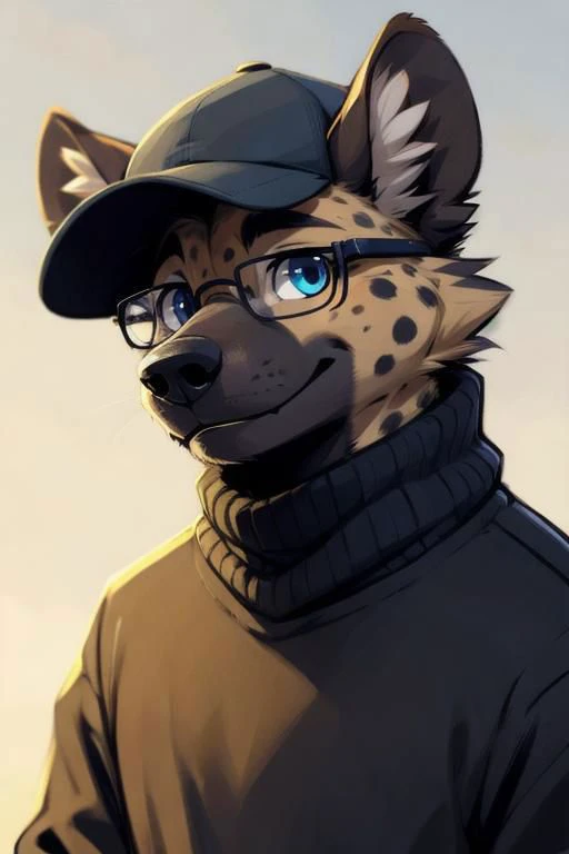 turtleneck, glasses, (by zackary911, by braeburned, by haps), male,hyena,anthro,kemono,cap, deep blue eyes,