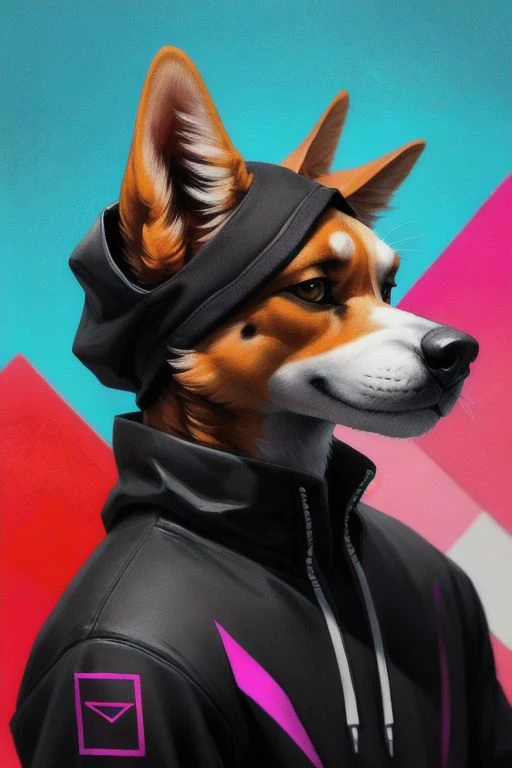 anthro dog, swaggy, defying look, angular style, edgy, bottom view, strong perspective, colorful, detailed style, (portrait:0.7), techwear hoodie, abstract background, relaxed, side view,