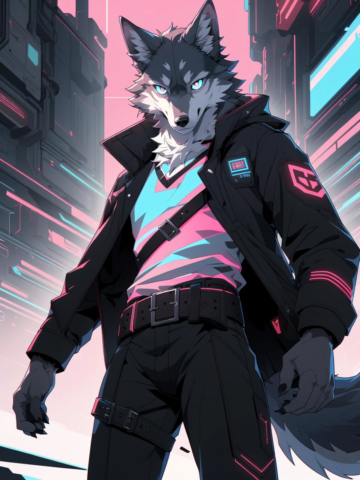 masterpiece, game poster, anime, 2d, illustration, digital media,
musuclar male, solo, wolf, canid,
cyberpunk, coat, black pants, belt,
glitch, bright eyes, detailed eyes,
green theme, pink theme, color contrast,
dutch angle, standing, high-angle view