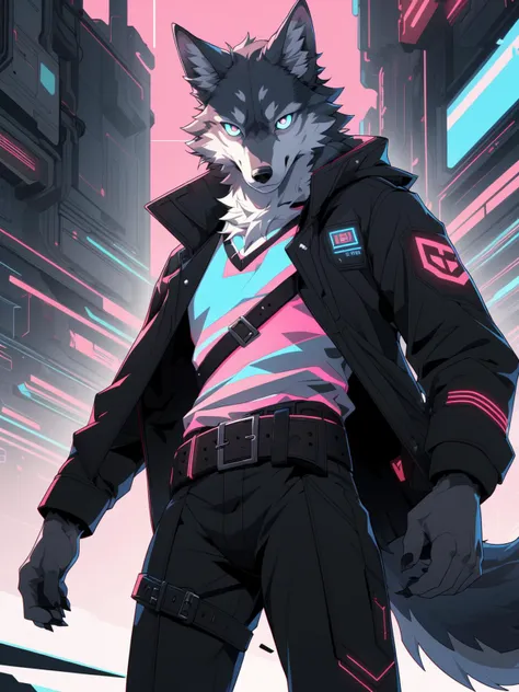 masterpiece, game poster, anime, 2d, illustration, digital media,
musuclar male, solo, wolf, canid,
cyberpunk, coat, black pants, belt,
glitch, bright eyes, detailed eyes,
green theme, pink theme, color contrast, 
dutch angle, standing, high-angle view