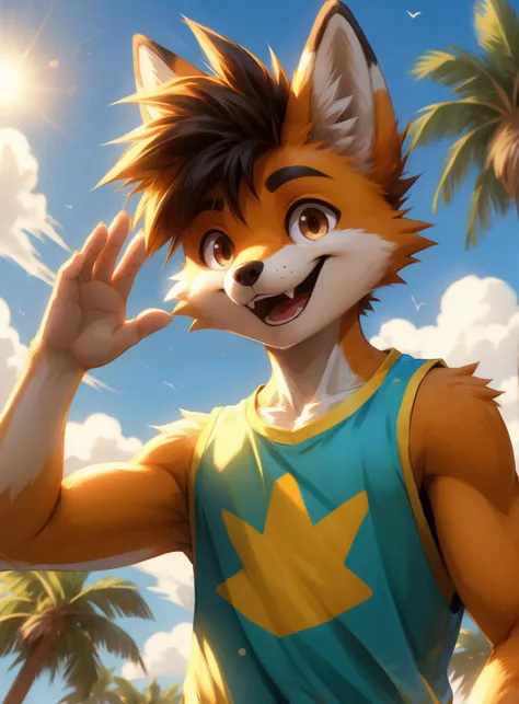 anthro fox, spiky hairs, teenager, hi hand sign, ð, in the background, sunny day, happy, smiling opened mouth,
(best quality, good quality:1.4)