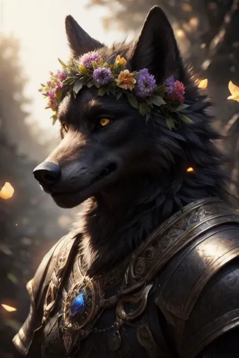 cosmic flowers, flower crown, portrait, male, wolf, black fur, anthro, tunic, illustration, insanely detailed octane rendering trending on artstation, 8k art photography, photorealistic concept