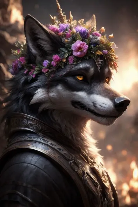 cosmic flowers, flower crown, portrait, male, wolf, black fur, anthro, tunic, illustration, insanely detailed octane rendering trending on artstation, 8k art photography, photorealistic concept