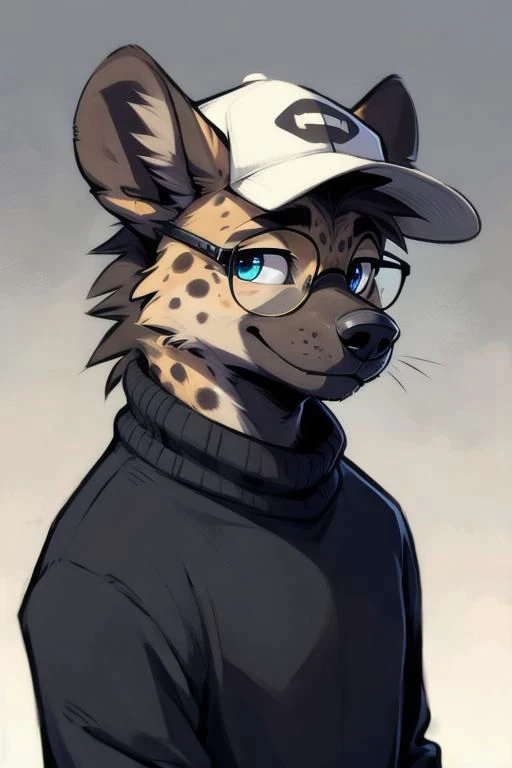 turtleneck, glasses, (by zackary911, by braeburned, by haps), male,hyena,anthro,kemono,cap, deep blue eyes,